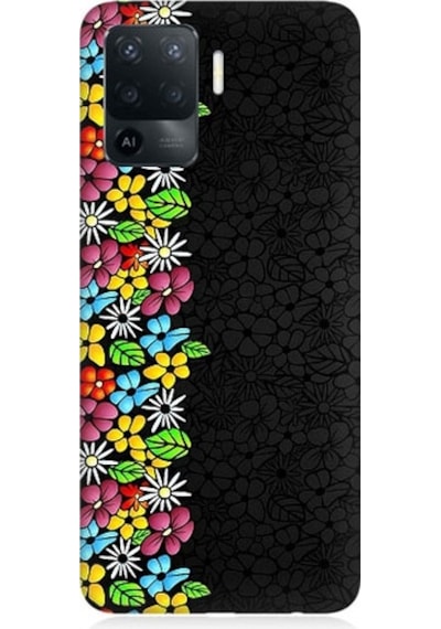 Oppo Reno 5 Lite Uyumlu Parlak Çiçekler Ve Siyah Motif Desenli Silikon Kılıf