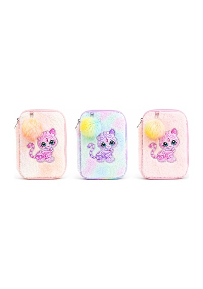 Dream Vest Peluş Kedili Çift Gözlü Kalem Çantası Somon Çok Renkli