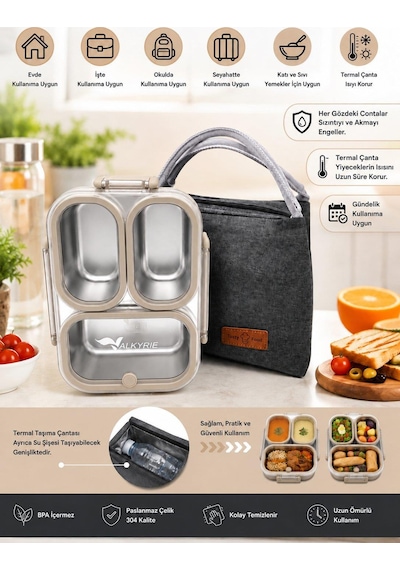 Valkyrie 304 Paslanmaz Çelik 3 Bölmeli Lunch Box Termal Çantalı Sızdırmaz Kapaklı Beslenme Kabı Açık Kahve