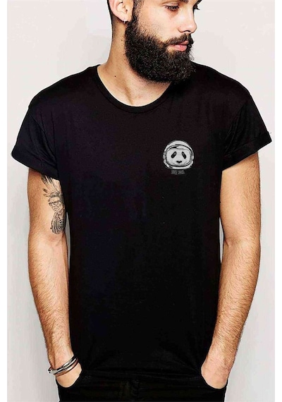 Göğüs Uzay Panda Baskılı Siyah Erkek Tshirt