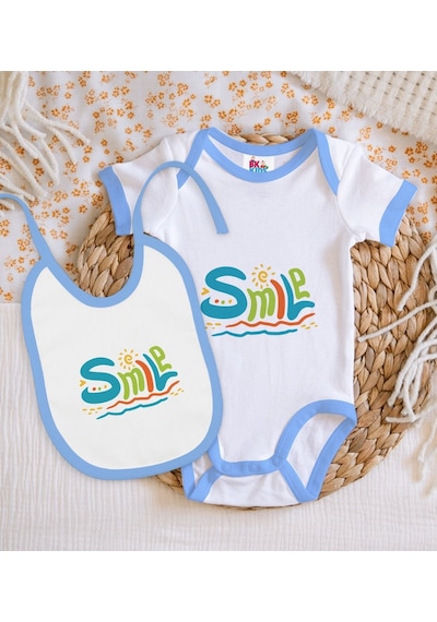 Bk Kids Smile Tasarımlı Mavi Bebek Body Zıbın Ve Mama Önlüğü Hedi Çok Renkli