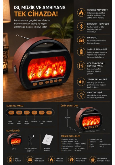 Fepe Fp-535 Şömine Görünümlü Alevli Taşınabilir Radyo & Bluetooth Hoparlör