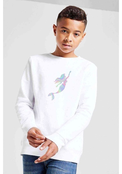Tshirthane Silhouette Mermaid Baskılı Unisex Çocuk Beyaz Sweatshirt Beyaz