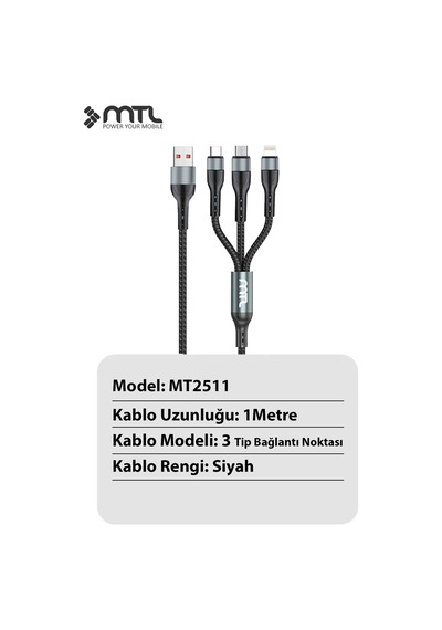 18w 3'ü 1 Arada 3in1 Ultra Hızlı Hasır Örgülü Şarj Ve Data Aktarım Kablosu 1 Metre Mt2511