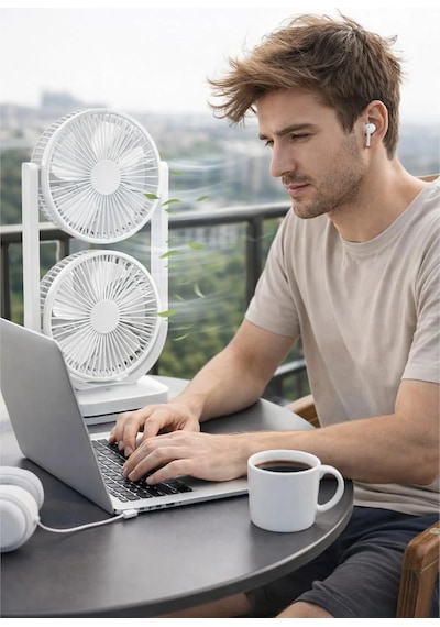 Exenar - Siyah - Çift Başlıklı Masaüstü Fan Brushless Motor 10w Güçlü Vantilatör Ayarlanabilir Başlık 2400 Mah Şarjlı