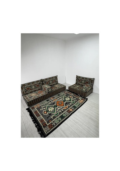 20 Cm Kalınlıklı Şark Köşesi Takımı - 70x190 + 70x95 Anadolu Gri Desenli Minder Seti