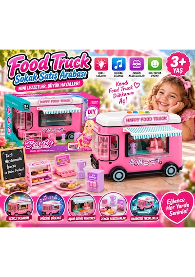 Pilli Işıklı Sokak Satış Arabası Oyuncak Food Truck Seti Müzikli Aksesuarlarıyla Eğlenceli Oyun Seti