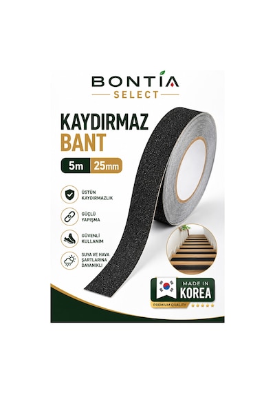 Kaydırmaz Bant 5 Metre X 25 Mm Siyah Merdiven Kaydırmaz Şerit Güçlü Yapışkanlı İç Dış Mekan