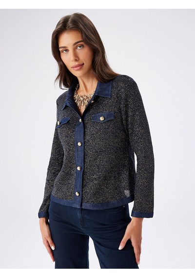 Faik Sönmez Denim Garnili Simli Örme Track Ceket W27ckt032 Uw27ckt03227 İndigo