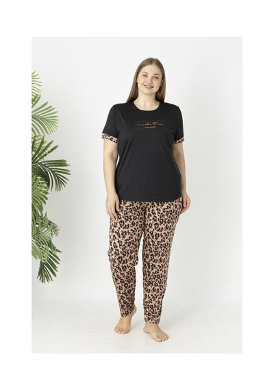 Estiva Kadın Kaplan Alt Desenli Kısa Kollu Soft Battal Pijama Takımı Çok renkli