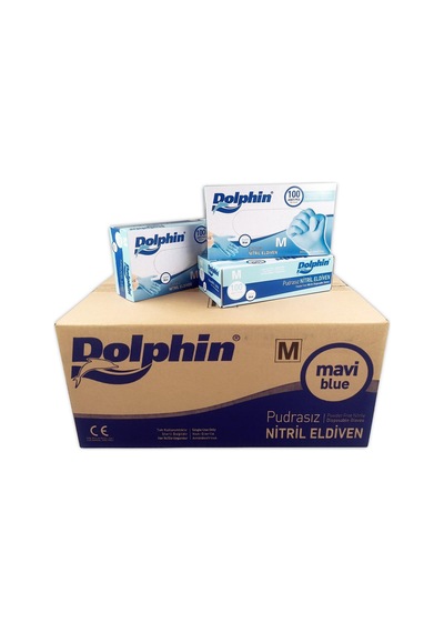Dolphin Tek Kullanımlık Lateks Mavi Pudrasız Nitril Muayne Eldiveni Medium Orta Boy 100'lü 20 Paket