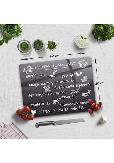 Mutfak Kuralları Kara Tahta Görünümlü Cam Kesme Tablası 30 x 40 CM
