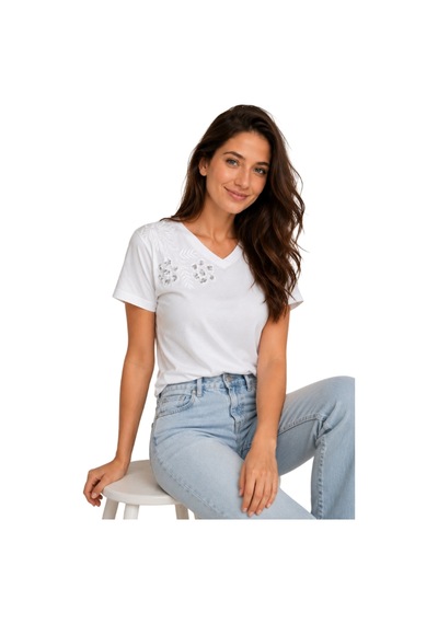 Cassime Kadın Beyaz %100 Pamuk Regular/normal Kalıp Omzu Çiçek Nakışlı Örme T-shirt