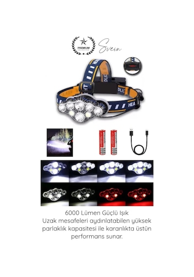 Kafalambası Usb Şarjlı Kafa Lambası 8 Led 8 Modlu 6000 Lümen Su Geçirmez Profesyonel Kafa Feneri Co Çok Renkli