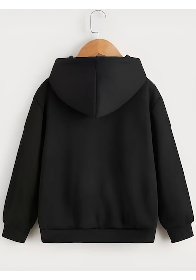 Çocuk Unisex Kapüşonlu Çizgi Kalp Baskılı Sweatshirt - Siyah