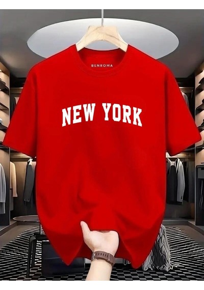 New York Beyaz Baskılı Oversize Tişört Kirmizi