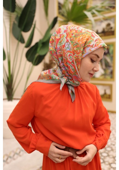 Silk Home Olinda İpek Eşarp 47002-34 Gri, Parlak Turuncu, Yeşil, Leylak, Mercan