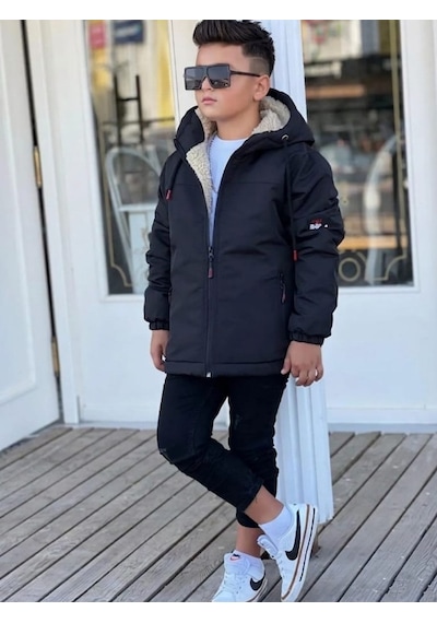 Pina Kids Erkek Çocuk Kürklü Çıkarılabilir Kapüşonlu Oversize Kışlık Mont Km4030 Siyah