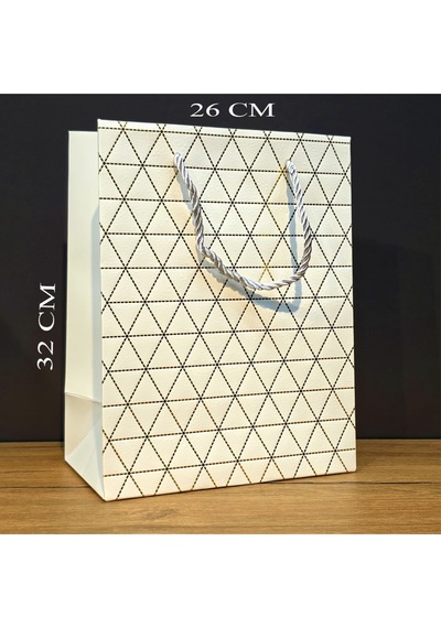 Beyaz Geometrik Desenli Büyük Boy Karton Hediye Çantası Çok Renkli