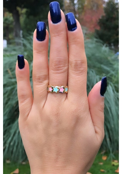 Niki Aksesuar Mineli Pembe-mint Yeşili Yıldızlı Ayarlanabilir Altın Yüzük Pembe - Mint Yeşili