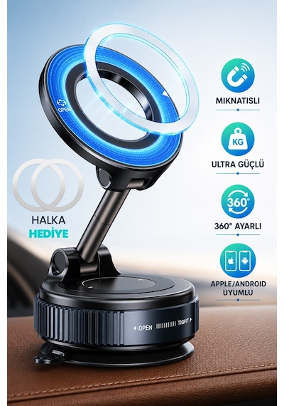 Magnetpro 360 Ayarlanabilir Araç İçi Masa Üstü Vakumlu Mıknatıslı Magsafe Telefon Tutucu Siyah Siyah