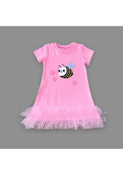Pekminibebe 1-2-3 Yaş Arıcık Nakışlı Eteği Fırfırlı Jile Kız Çocuk Elbisesi Pembe
