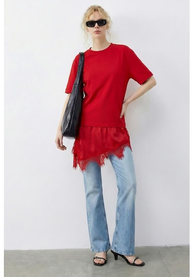 Shade Kadın Asimetrik Dantelli Etek Uclu Oversize T-shirt 8716 60283956 - Kırmızı
