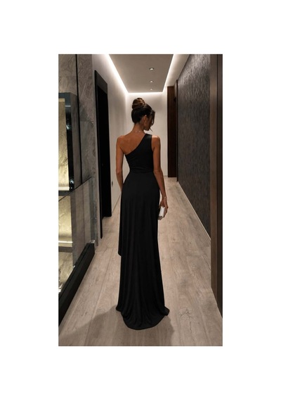Lior Design Kadın Sade Tek Omuz Kemerli Maxi Abiye Elbise Siyah