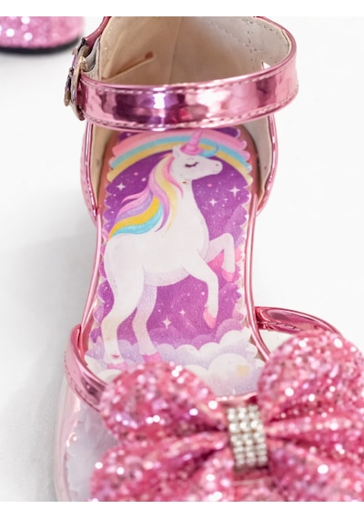 Unicorn Simli Abiye Kız Çocuk Yarım Topuk Ayakkabı Pembe