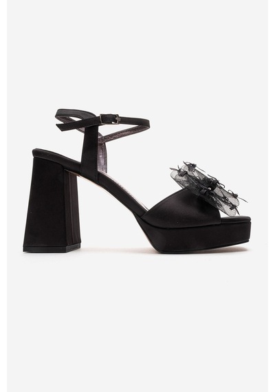 Luvishoes Marısol Siyah Saten Taşlı Fiyonklu Kadın Topuklu Ayakkabı