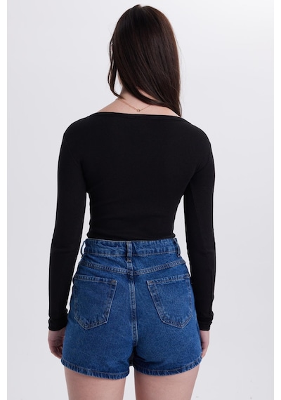 Tudors Kadın Slim Fit Dar Kesim Pamuklu V Yaka Siyah Bluz-38830 Siyah