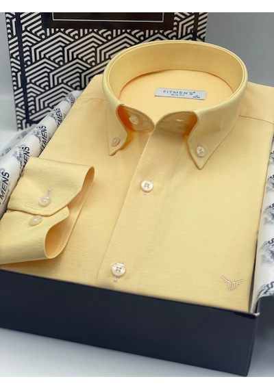 Slim Fit Uzun Kol Pamuklu Hediye Kutulu Kolay Ütülenebilir Erkek Gömlek Fs-002225 - Sarı-2808