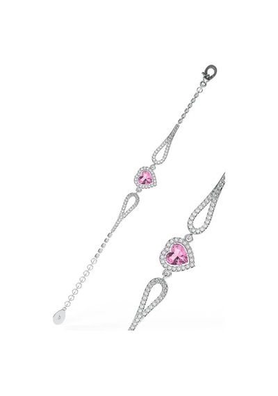 Roza Silver 925 Ayar Pembe Taşlı Rodyum Pırlanta Görünümlü Kalp Gümüş Bileklik Rb10056 Gümüş
