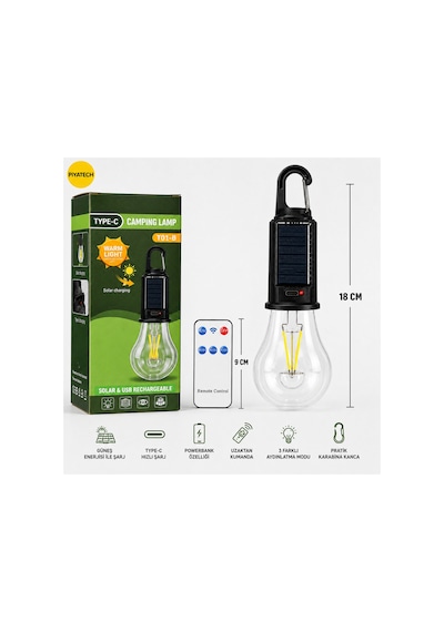 Güneş Enerjili Type-c Şarjlı Kamp Çadır Lambası Uzaktan Kumandalı Powerbank Özellikli 18 Cm Gün Işığı Turuncu - Gri