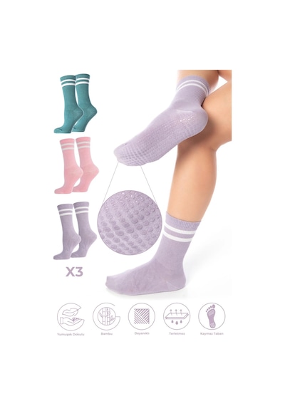 Saysez Bambu Kadın Kaydırmaz Taban Silikon Baskı Pilates Yoga Fitness Bale Dans Aktivite Tenis Çorabı 3'lü Renkli