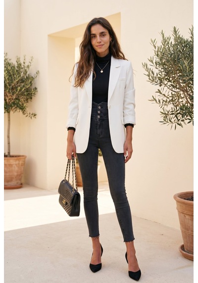 Soulshae Siyah Yüksek Bel Düğmeli Denim Pantolon