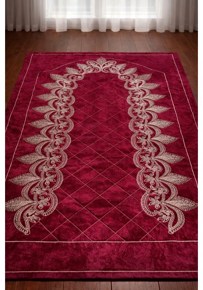 Kapitoneli Nakışlı Çeyizlik Gelin Damat Bohçası Hediyelik İşlemeli Seccade 70x110 Ebat Bordo