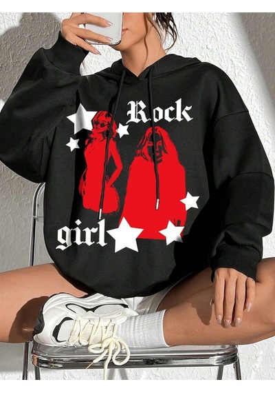 Startmore Coke Serisi Figure & Letter Graphic Drop Shoulder Drawstring Hoodie Siyah