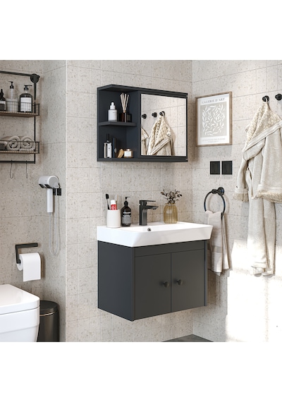 Lavabolu Mat Suntalam 60 Cm Banyo Dolabı, Aynalı Üst Dlp Antrasit Lavabolu Mat Suntalam 60 Cm Banyo Dolabı, Aynalı Üst Dlp Antrasit