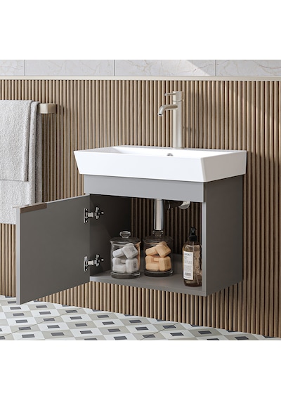 Likya Tek Kapaklı Lavabolu 59 Cm Banyo Dolabı Alt, Lavabolu Banyo Alt Dolabı Kül Gri