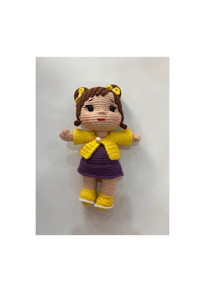 Afra Amigurumi El Örgüsü Bebek 20 Cm Tığ İşi Şirin Kıyafetli Hediyelik Oyuncak Bebek Sarı-mor