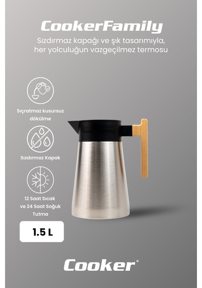 Cooker Bamboopour 1.5 Litre Paslanmaz Çelik Bambu Saplı Çelik Termos Ckr2090 Gümüş