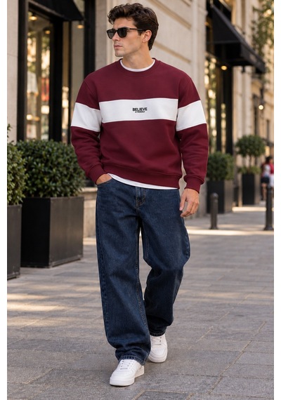 Tarz Cool Erkek Şerit Detaylı Believe Baskılı 3 İplik Şardonlu Bisiklet Yaka Sweatshirt Bordo