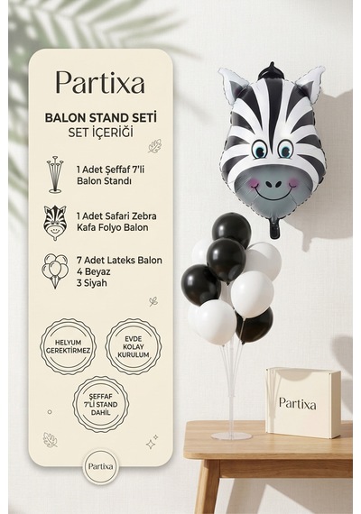 Safari Zebra Kafa Balon Stand Seti Şeffaf 7 Li Stand + Safari Zebra Folyo Balon + 7 Lateks Balon Beyaz - Siyah