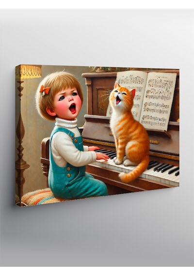 Kanvas Tablo Piyanist Kız Ve Kedi 50cmx70cm