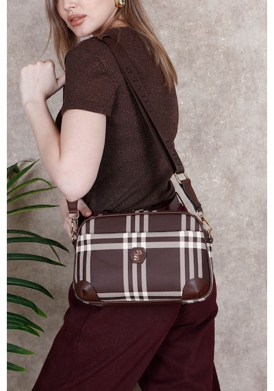 Silver & Polo Silver Polo Kahve - Kahve Çizgili Ekose Kadın Çapraz Çanta Sp1094