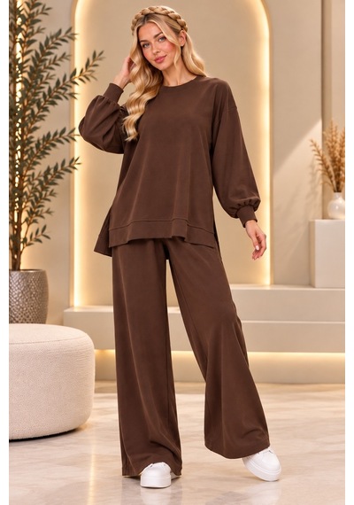 Bul-al Kadın Oversize Bisiklet Yaka Uzun Kollu Tunik Ve Cepli Olmayan Bol Paça Pantolon İkili Takım Kahverengi