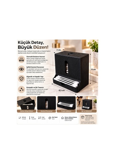 Modern Tasarım Kulak Çubuğu Dispenseri Kapaklı Banyo Makyaj Pamuk Düzenleyici Organizer - Siyah Renkli