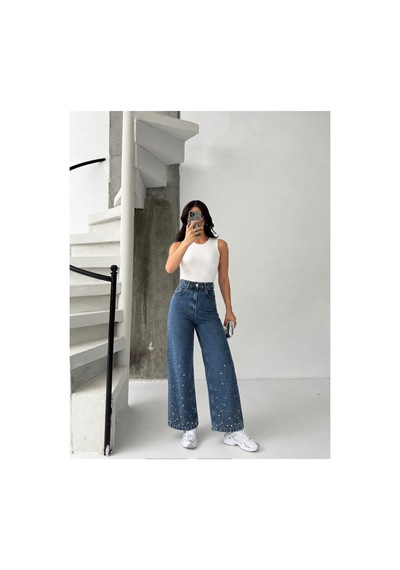 Kene Jeans Yüksek Bel Bilek Boy Tintli Bol Paça Denim Pantolon Tintli