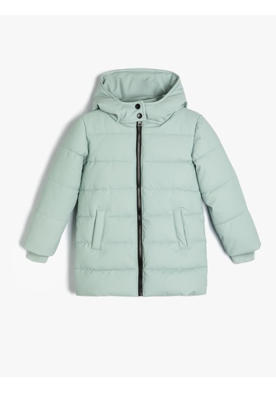Koton Uzun Şişme Mont Kapşonlu Fermuarlı Cepli Green 5wkg00014aw Yeşil